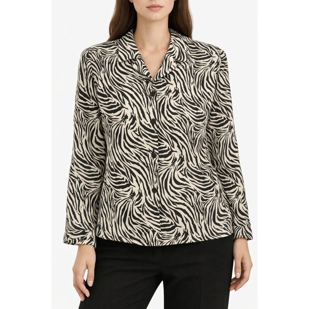 Joan Leslie Petite Zebra‎ Print Button Down Shirt Blouse Top Vintage 90s